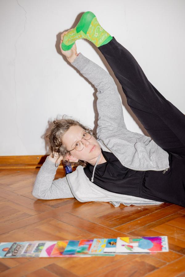 Mevil lying on the floor